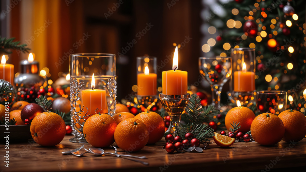 New Year's background with oranges and candles New Year's background with oranges and candles