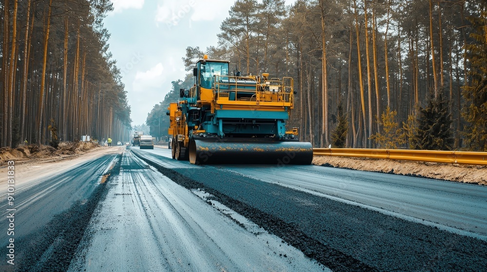 Construction vehicles are paving a new road through a forested area on a clear day Construction vehicles are paving a new road through a forested area on a clear day