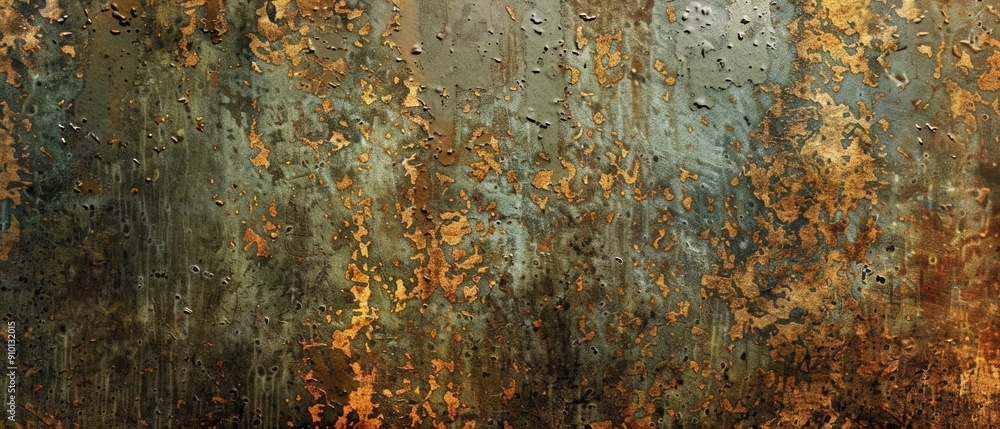 a textured wall with rust and peeling paint, green and brown colours, holes and rough edges. Implies historical decay or neglect. a textured wall with rust and peeling paint, green and brown colours, holes and rough edges. Implies historical decay or neglect.
