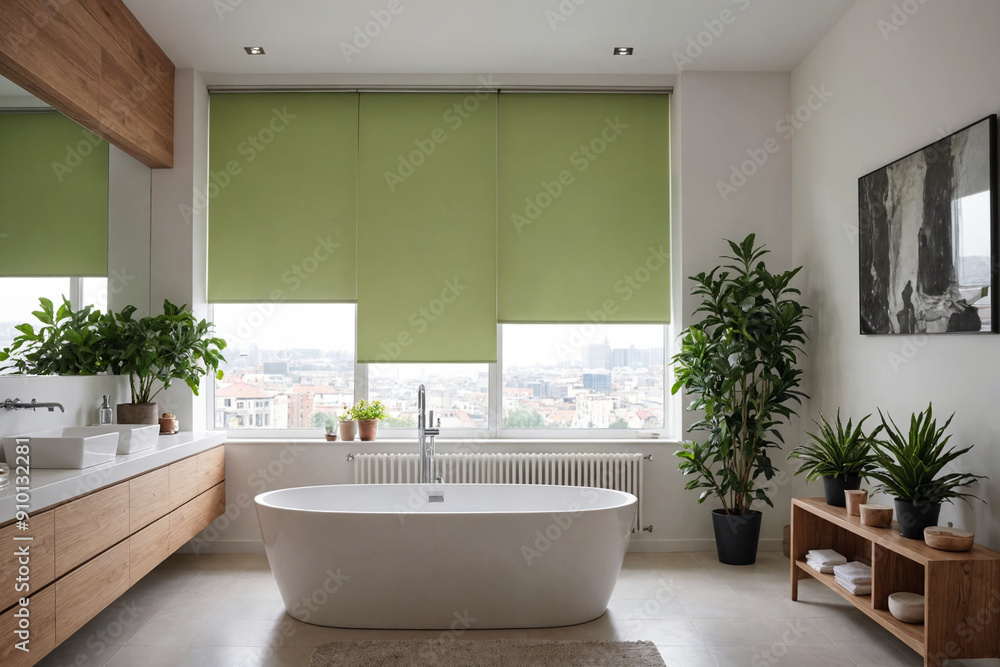 Green blackout roller blind on windows in stylish modern bathroom. Shutters on the plastic window. Green blackout roller blind on windows in stylish modern bathroom. Shutters on the plastic window.