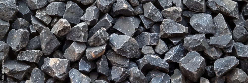 Various sizes of dark gravel stones are piled closely together in a construction area under natural daylight Various sizes of dark gravel stones are piled closely together in a construction area under natural daylight