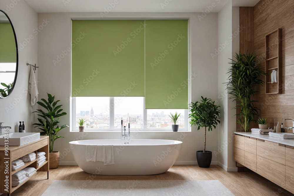 Green blackout roller blind on windows in stylish modern bathroom. Shutters on the plastic window. Green blackout roller blind on windows in stylish modern bathroom. Shutters on the plastic window.