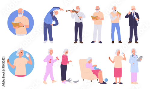 Senior man and elderly woman cartoon characters daily routine, hobby, home activity, job occupation