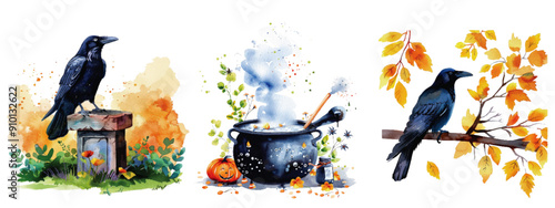 Captivating watercolor illustrations featuring ravens in autumn settings with witchcraft motifs, including a cauldron and mystical elements. Autumn Ravens and Witchcraft Watercolor Scenes

