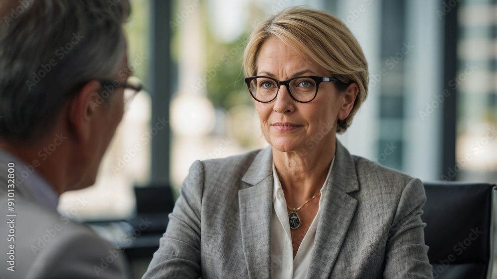 Donna di 50 anni che lavora come consulente finanziario in un ufficio moderno con un cliente Donna di 50 anni che lavora come consulente finanziario in un ufficio moderno con un cliente