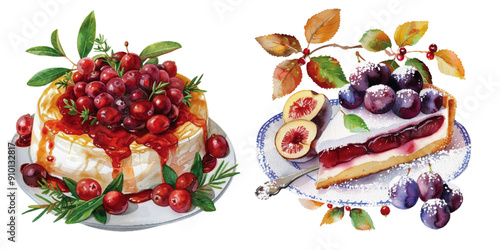 Exquisite watercolor paintings showcasing two types of fruit desserts: a cranberry pavlova and a fig tart on decorative plates. Watercolor Paintings of Fruit Desserts

