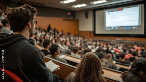 A university lecture hall filled with students attentively listening to the professor, who is using a digital presentation to explain a complex topic, highlighting the traditional higher education
