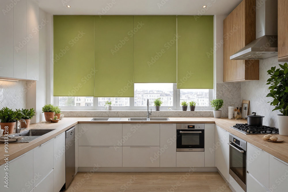 Green blackout roller blind on windows in stylish modern kitchen. Shutters on the plastic window. Green blackout roller blind on windows in stylish modern kitchen. Shutters on the plastic window.