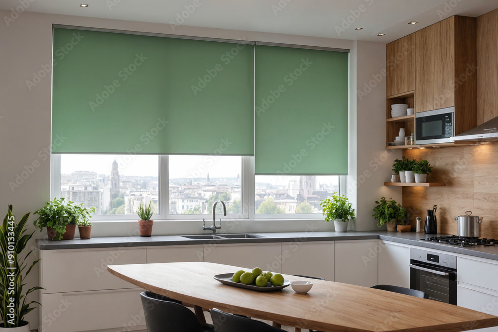 Green blackout roller blind on windows in stylish modern kitchen. Shutters on the plastic window. Green blackout roller blind on windows in stylish modern kitchen. Shutters on the plastic window.