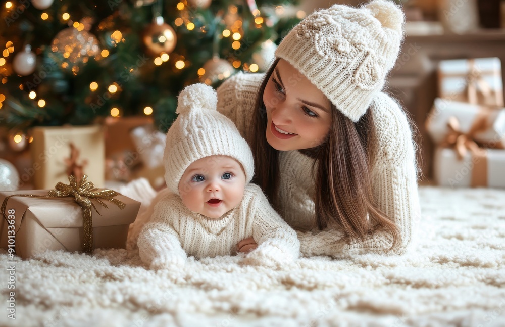 A mother and her baby wearing white sweaters with hats play on the carpet in front of a Christmas tree, New Year decorations A mother and her baby wearing white sweaters with hats play on the carpet in front of a Christmas tree, New Year decorations