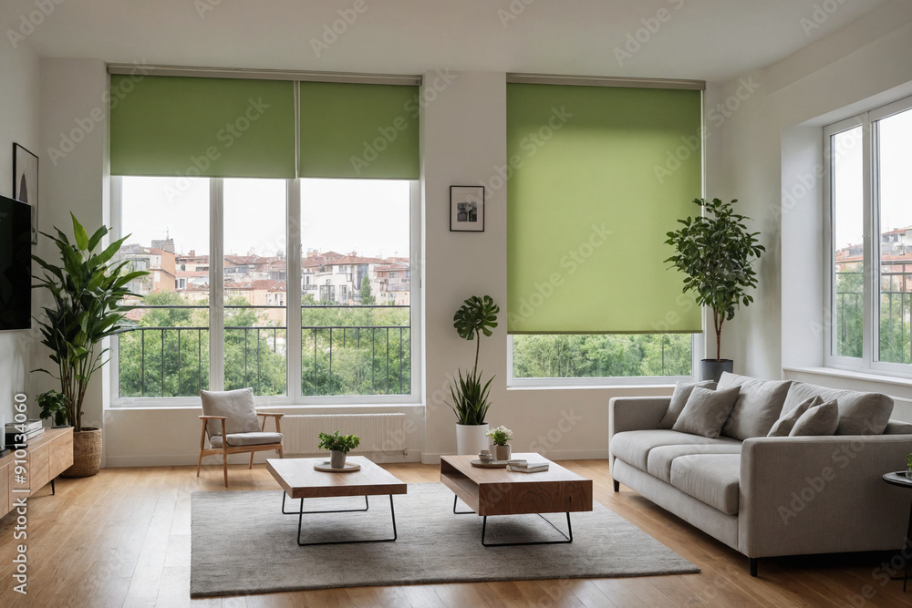 Green blackout roller blind on windows in stylish modern living room. Shutters on the plastic window. Green blackout roller blind on windows in stylish modern living room. Shutters on the plastic window.