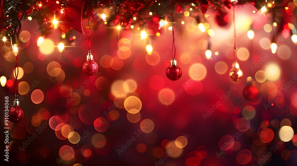 a festive Christmas scene with red ornaments hanging from a decorated tree, surrounded by warm, glowing lights and a soft bokeh background, creating a cozy and joyful holiday atmosphere. a festive Christmas scene with red ornaments hanging from a decorated tree, surrounded by warm, glowing lights and a soft bokeh background, creating a cozy and joyful holiday atmosphere.