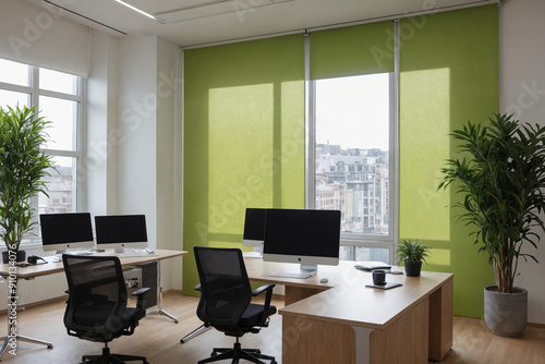 Green blackout roller blind on windows in stylish modern office. Shutters on the plastic window.