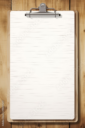 Blank clipboard on wooden background.