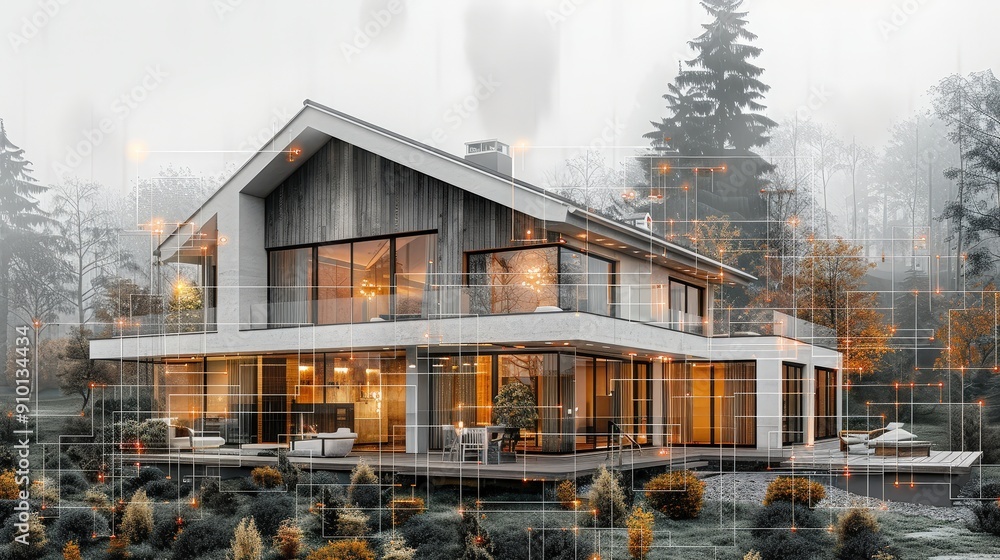 A contemporary house blends with its natural surroundings, showcasing sleek lines and a tech-inspired design amidst a foggy atmosphere A contemporary house blends with its natural surroundings, showcasing sleek lines and a tech-inspired design amidst a foggy atmosphere