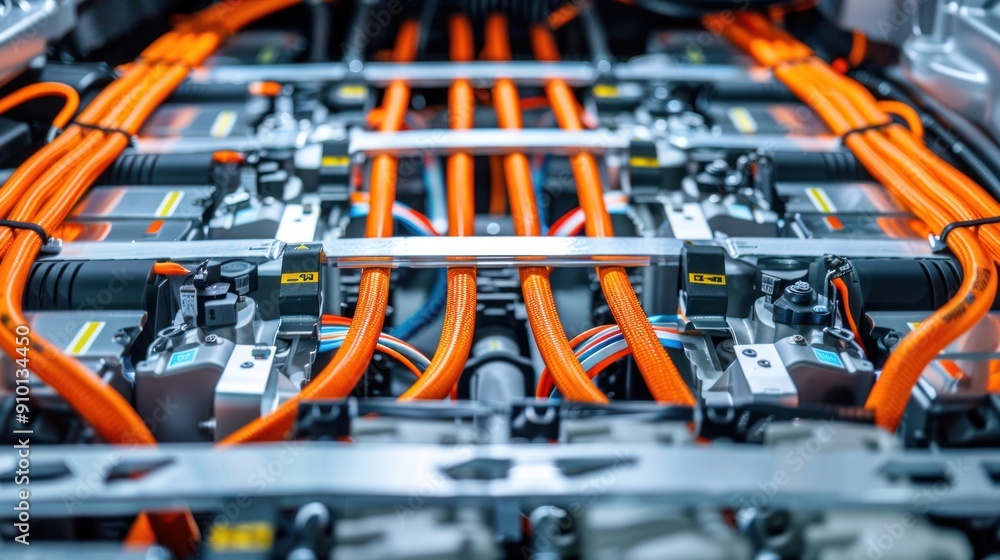 Modern electric vehicle battery packs are arranged in a row inside the car frame Modern electric vehicle battery packs are arranged in a row inside the car frame