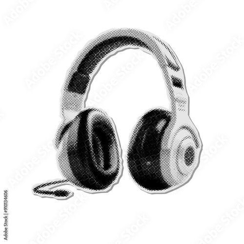 Halftone headphones halftone collage sticker. Dots grunge texture. Vector dotted photocopy illustration