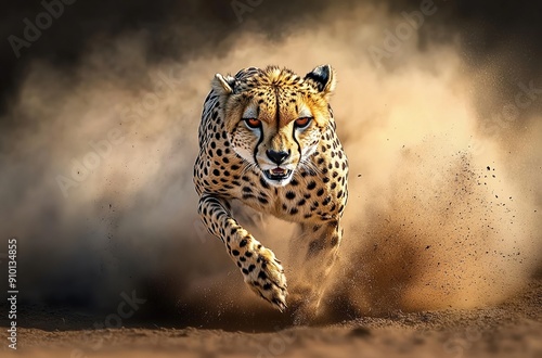 A cheetah running at full speed, leaving behind a trail of dust and debris. 