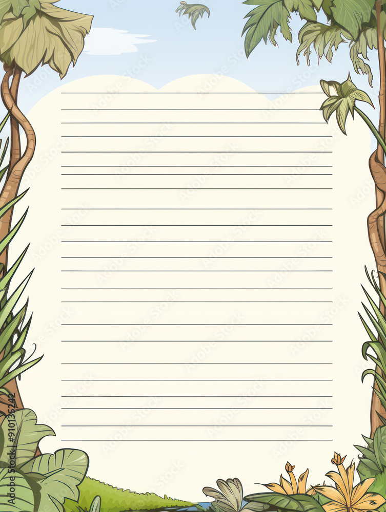 Obraz premium Blank lined paper with tropical leaf border.