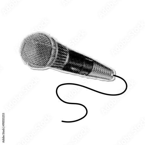 Karaoke microphone grunge pop art collage paper sticker. Halftone mike collage element. for Musician's performance. Vector illustration. aesthetics of grunge punk