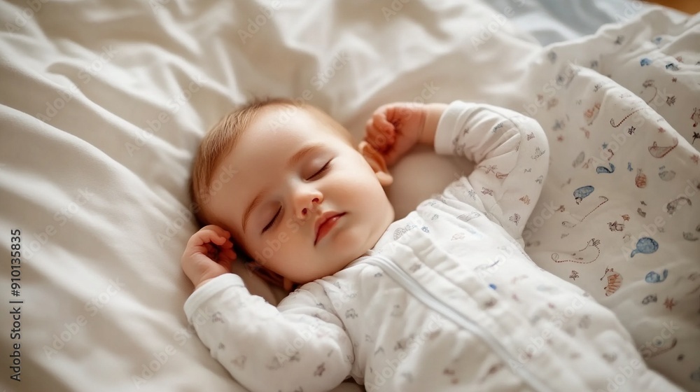 Peaceful slumber of an adorable infant nestled in soft white bedding, wearing a cozy patterned sleeper. Gentle light illuminates the baby's serene face and tiny hands. Peaceful slumber of an adorable infant nestled in soft white bedding, wearing a cozy patterned sleeper. Gentle light illuminates the baby's serene face and tiny hands.