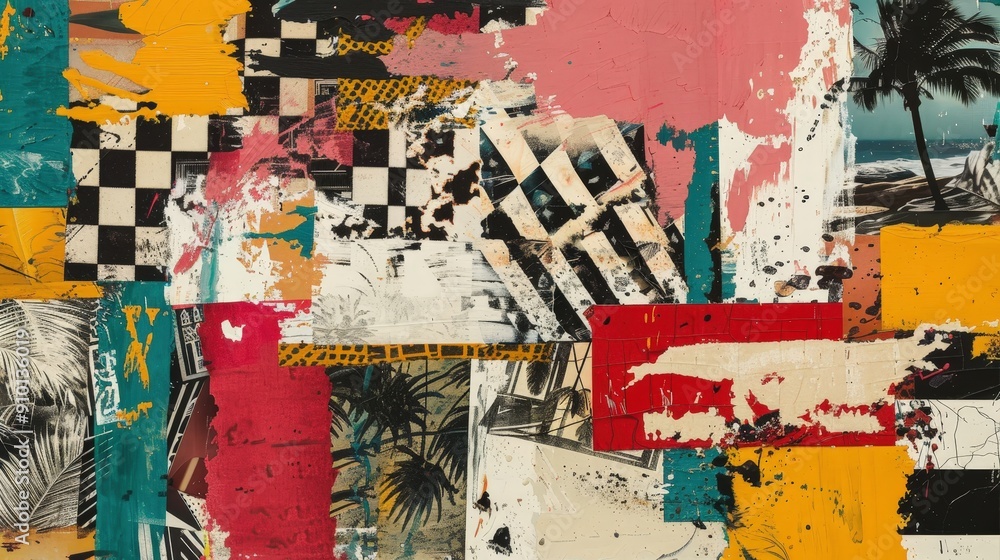Fototapeta premium A vibrant collage featuring tropical motifs and geometric patterns in an array of bright colors, creating a dynamic and engaging visual experience