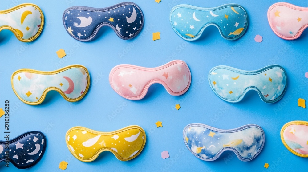 Colorful sleep masks with celestial patterns arranged neatly on a blue background, showcasing various designs with moons and stars for dreamy nights. Colorful sleep masks with celestial patterns arranged neatly on a blue background, showcasing various designs with moons and stars for dreamy nights.
