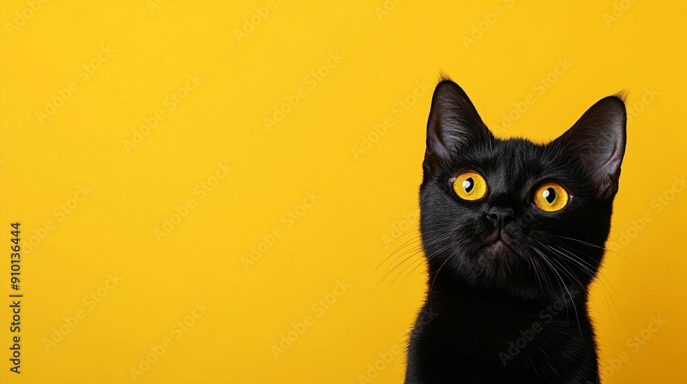 Striking portrait of a curious black cat with vibrant yellow eyes gazing upward against a bright yellow background, creating a bold contrast. Striking portrait of a curious black cat with vibrant yellow eyes gazing upward against a bright yellow background, creating a bold contrast.