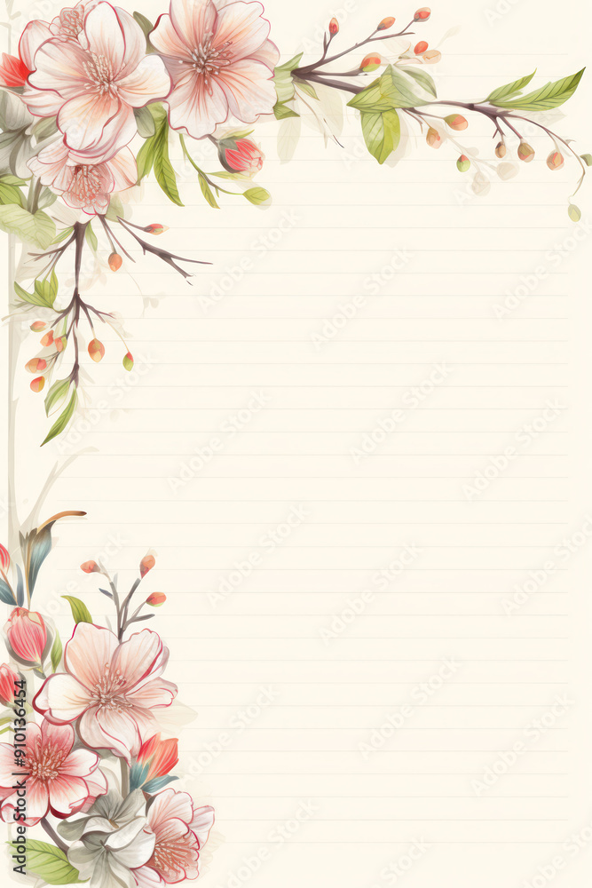 Floral border on lined paper for note taking or journaling. Floral border on lined paper for note taking or journaling.