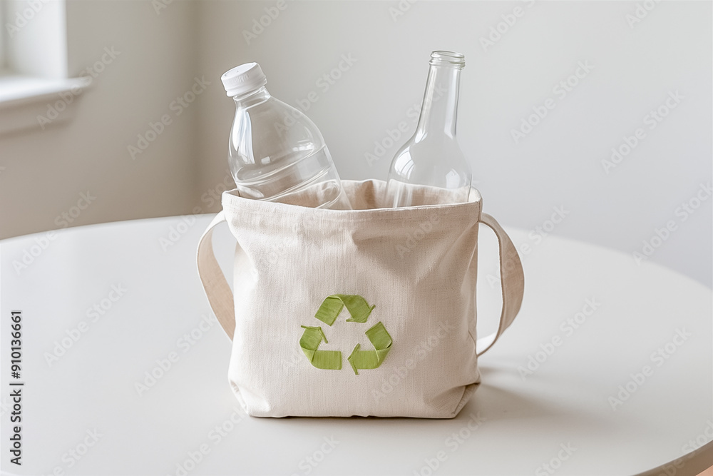 craft bag with a recycling icon. Protruding from the bag's opening is an empty, plastic bottle and a glass bottle craft bag with a recycling icon. Protruding from the bag's opening is an empty, plastic bottle and a glass bottle