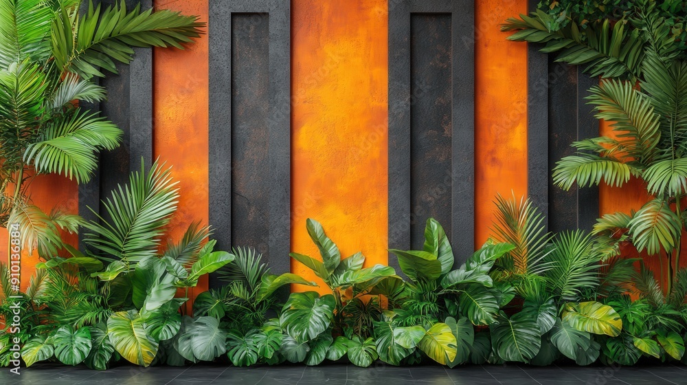 Fototapeta premium A striking arrangement of lush tropical plants against a vivid orange wall featuring black vertical frames, creating a lively indoor atmosphere