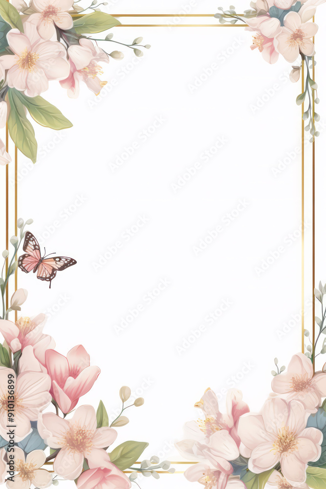 Gold frame with delicate pink flowers and a butterfly on a white background. Gold frame with delicate pink flowers and a butterfly on a white background.