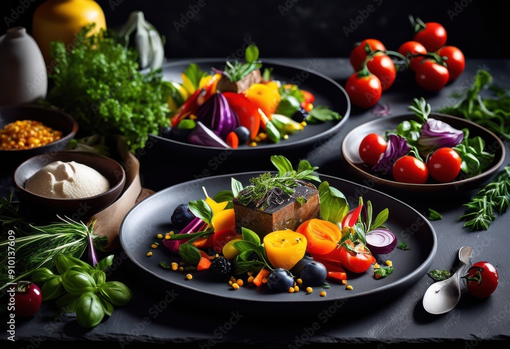 elegant culinary presentation slate surface showcasing vibrant ingredients artful arrangement, meal, creative, food, dish, gourmet, plating, colorful elegant culinary presentation slate surface showcasing vibrant ingredients artful arrangement, meal, creative, food, dish, gourmet, plating, colorful