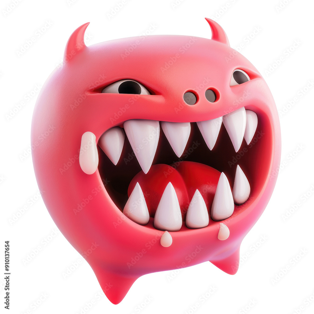 Fototapeta premium A cartoonish red monster with a big mouth and sharp teeth, 3D illustration, Halloween, Clipart, 3d render, isolate on a transparent background.