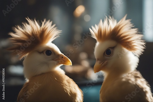 two hair chicks crazier one even crazy chick chicken unusual yellow blue looking fun humor funny cherokee punk rock many-coloured crest surprise plume wig newborn concept idea lunatic genetically photo