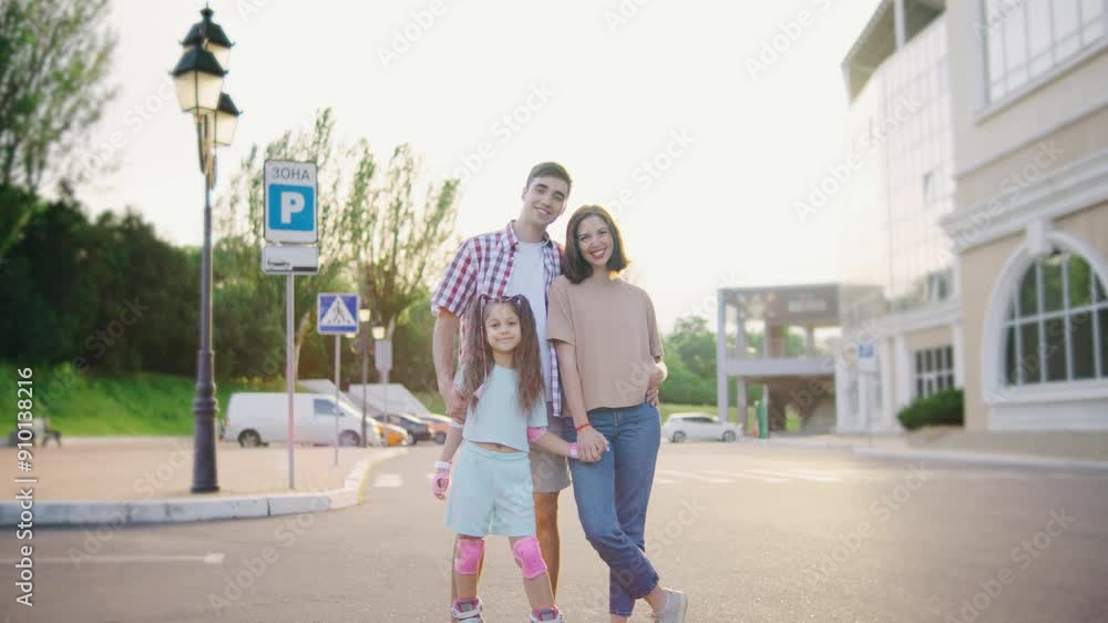 On a bright and sunny day, a cheerful family happily enjoys their time together, fully embracing the joy and togetherness of their day while roller skating in a vibrant, lively city On a bright and sunny day, a cheerful family happily enjoys their time together, fully embracing the joy and togetherness of their day while roller skating in a vibrant, lively city