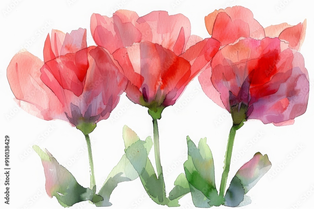 Obraz premium Watercolor illustration of pink flowers in full bloom, painted in soft, translucent layers. The concept emphasizes the beauty and delicacy of nature captured in an artistic style