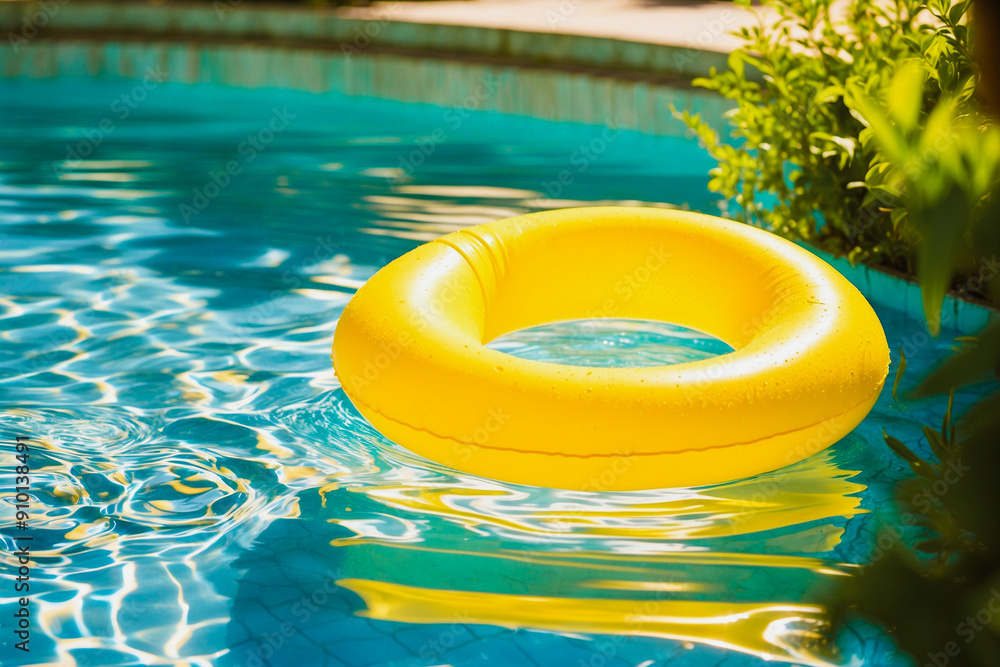 water pool on a warm summer day, featuring a bright yellow pool float ring, surrounded by crystal-clear water and lush greenery, perfect for a summer advertisement or social media post water pool on a warm summer day, featuring a bright yellow pool float ring, surrounded by crystal-clear water and lush greenery, perfect for a summer advertisement or social media post