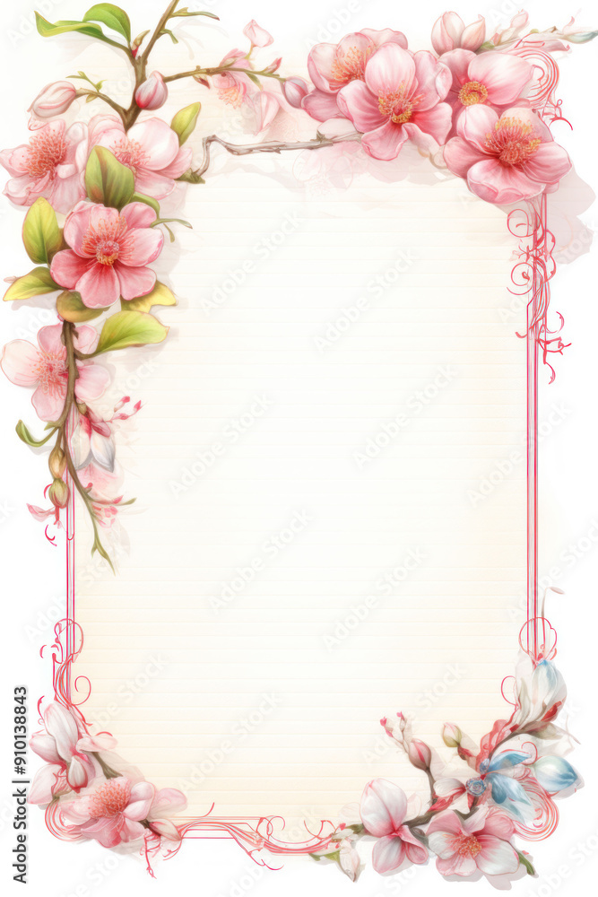 Pink flowers frame a lined paper background for invitations, cards or notes. Pink flowers frame a lined paper background for invitations, cards or notes.