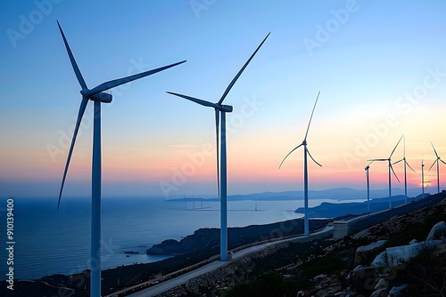 Offshore Wind Turbines and Solar Panels at Sunset: Clean Energy Solutions