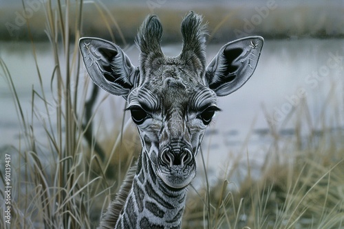 hyper realistic portrait of an Angolan Giraffe (Giraffa camelopardalis angolensis), Moremi Wildlife Reserve, Ngamiland, Botswana photo