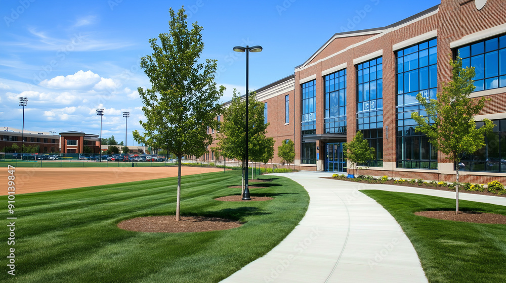 custom made wallpaper toronto digitalModern school building exterior with green lawn and trees, featuring brick and glass architecture with large windows on a sunny day. The design highlights contemporary educational facilities, emphasiz