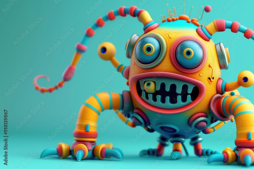 Quirky 3D monster character with a hybrid design of organic and mechanical elements, featuring bold colors, multiple eyes or limbs, and a mischievous grin. Quirky 3D monster character with a hybrid design of organic and mechanical elements, featuring bold colors, multiple eyes or limbs, and a mischievous grin.