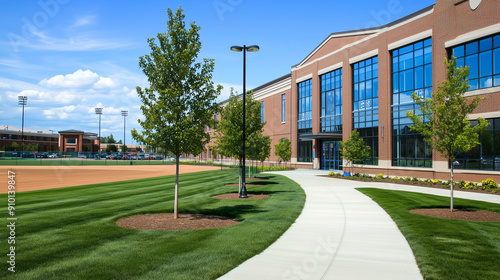 Wallpaper Mural Modern school building exterior with green lawn and trees, featuring brick and glass architecture with large windows on a sunny day. The design highlights contemporary educational facilities, emphasiz Torontodigital.ca