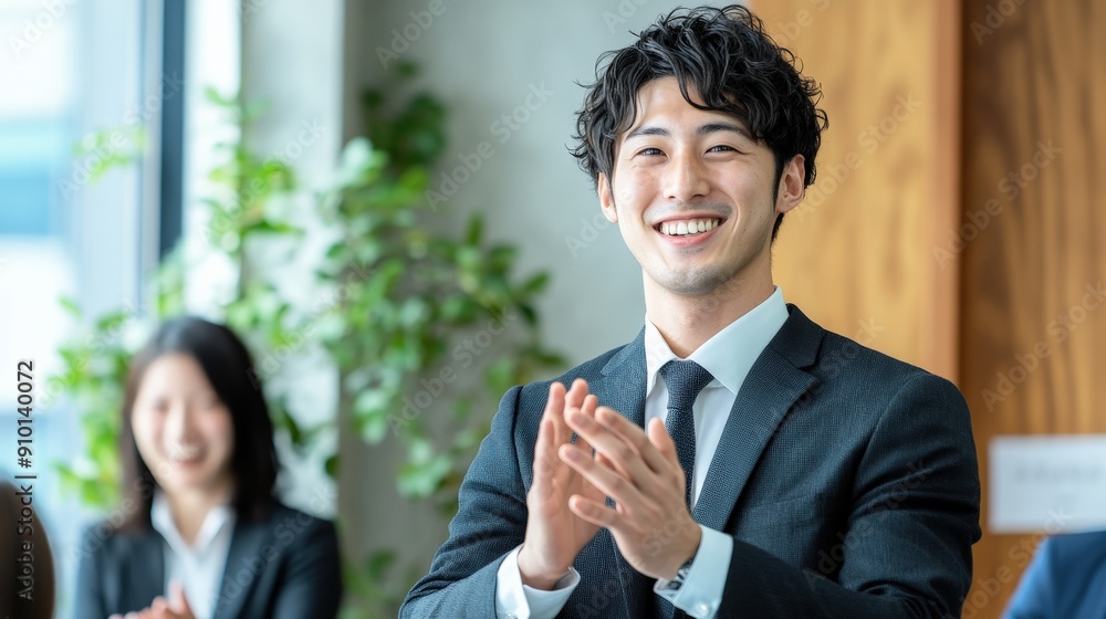 A man in a suit is smiling and clapping his hands in front of a group of people