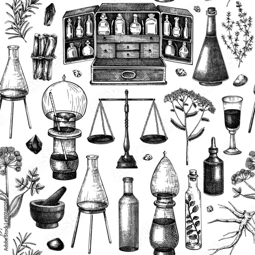 Herbal medicine background. Alchemy hand-drawn vector illustrations. Apothecary seamless pattern. Vintage chemistry glassware, healing herbs sketches. NOT AI generated