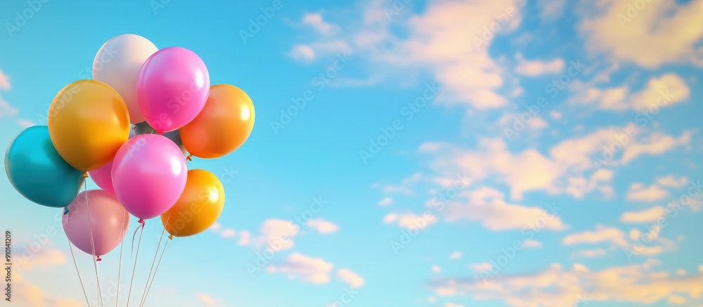 A bunch of colorful balloons floating in the sky. The balloons are in various colors, including pink, yellow, and blue A bunch of colorful balloons floating in the sky. The balloons are in various colors, including pink, yellow, and blue