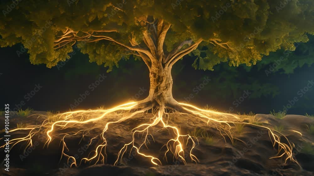 A large tree of life with its roots visible beneath the soil, the roots with neon light at night	