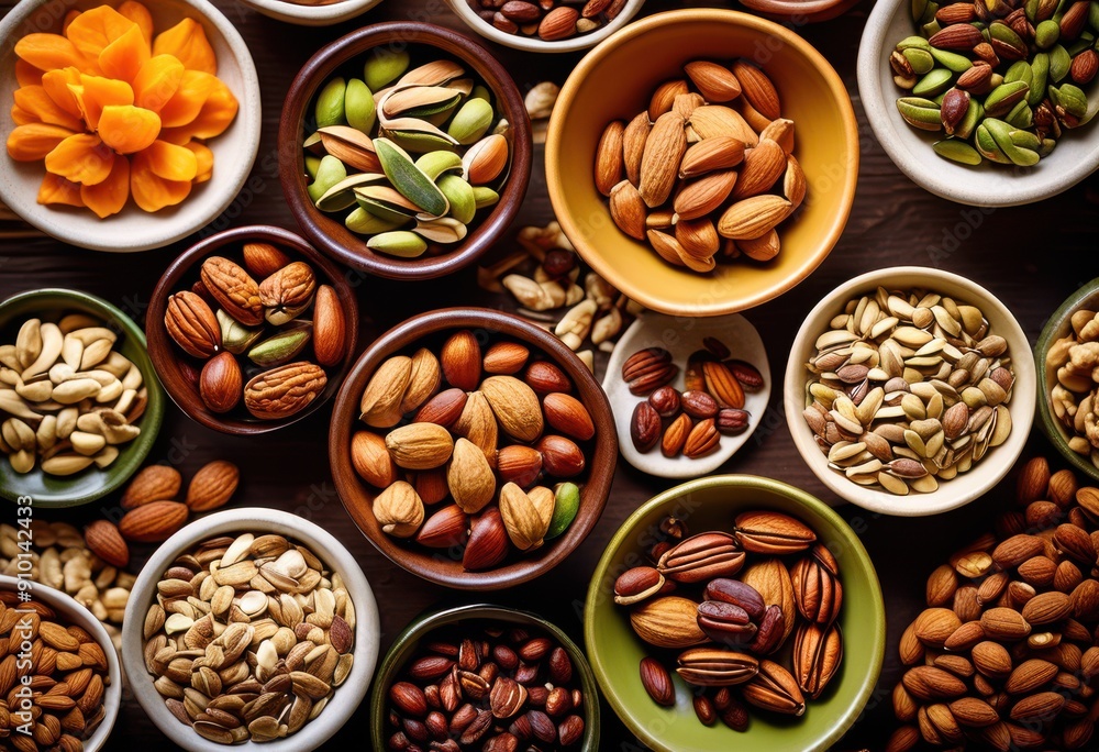 vibrant display mixed nuts seeds colorful ceramic bowls showcasing variety textures shapes, healthy, snack, gourmet, assortment, food, cuisine, organic vibrant display mixed nuts seeds colorful ceramic bowls showcasing variety textures shapes, healthy, snack, gourmet, assortment, food, cuisine, organic
