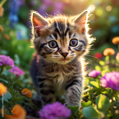 A high angle shot of a playful tabby kitten exploring a garden filled with butterflies and blooming flowers